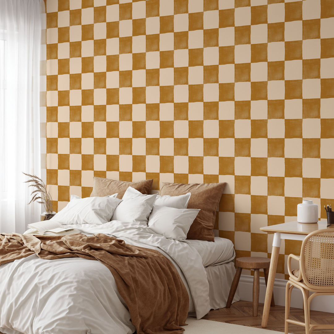 Boho Golden Checkered Wallpaper