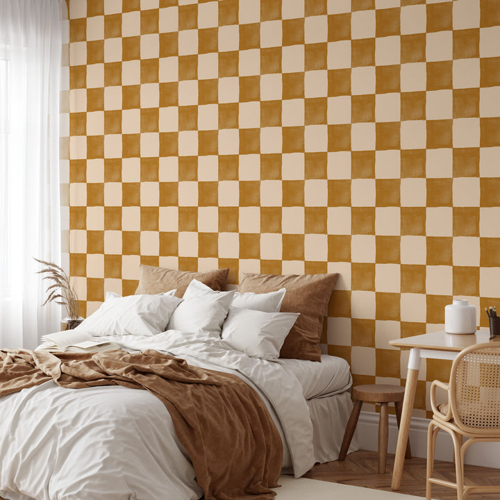 Boho Golden Checkered Wallpaper