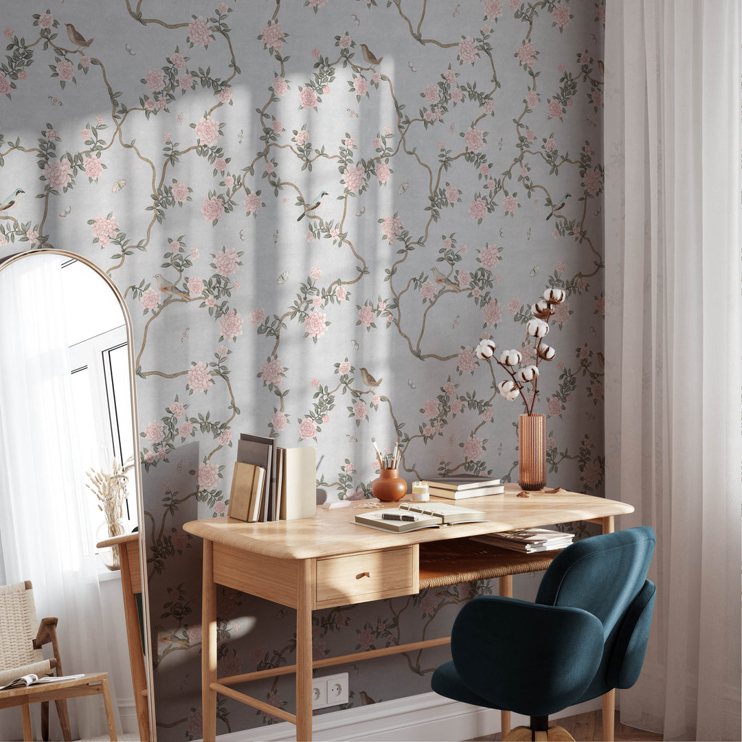 L’Atelier Botanique Chinoiserie Revival Wallpaper Mural in Silver Blue