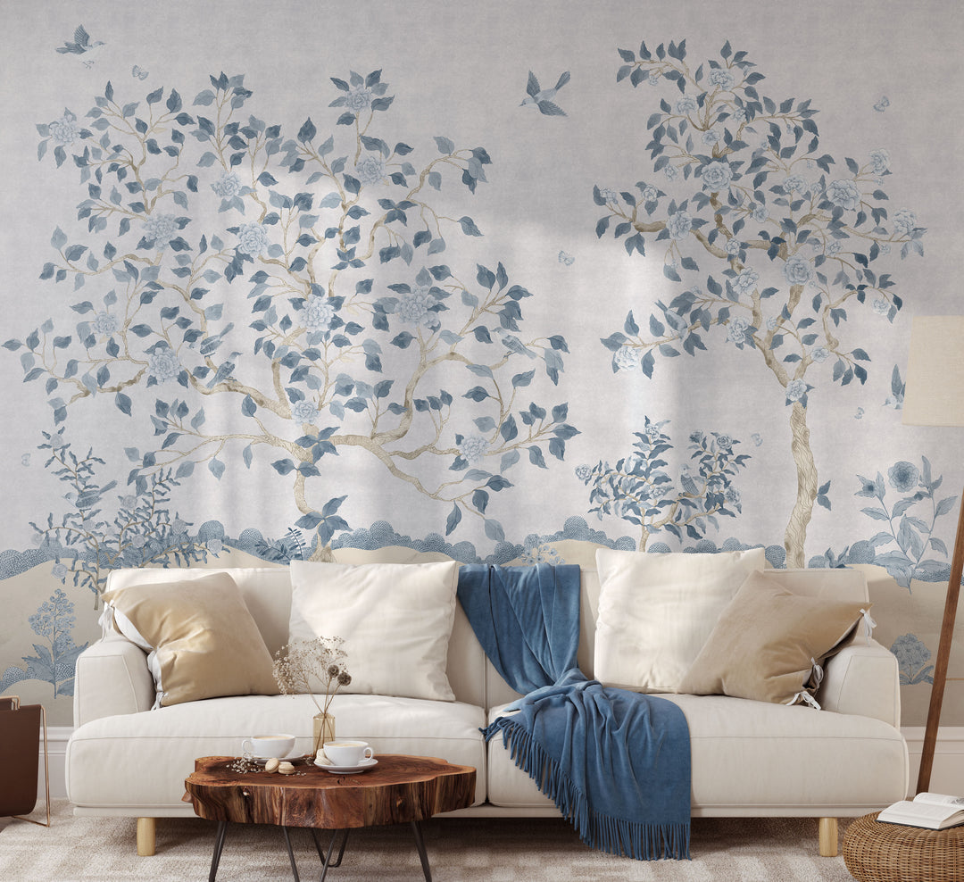 Romantic Chinoiserie Mural in Blue - Studio Exclusive