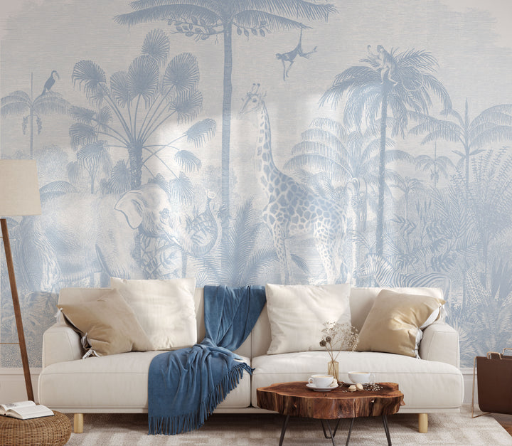 Safari Jungle Mural Wallpaper - Color Baby Blue