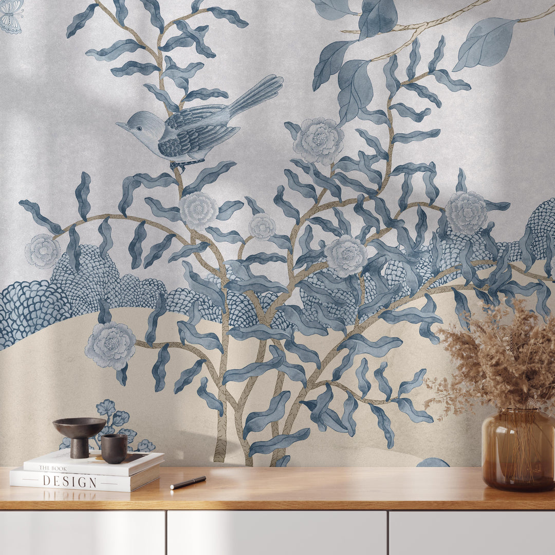 Romantic Chinoiserie Mural in Blue - Studio Exclusive