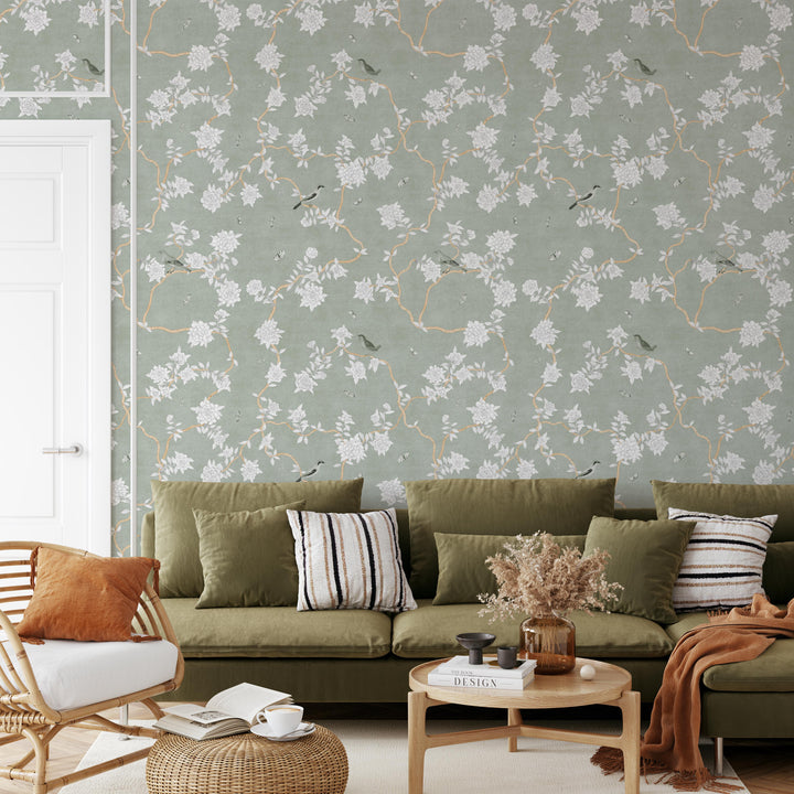 L’Atelier Botanique Chinoiserie Revival Wallpaper Mural in Sage Meadow