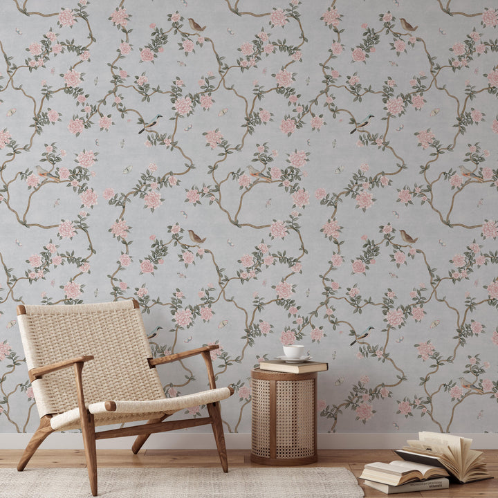 L’Atelier Botanique Chinoiserie Revival Wallpaper Mural in Silver Blue