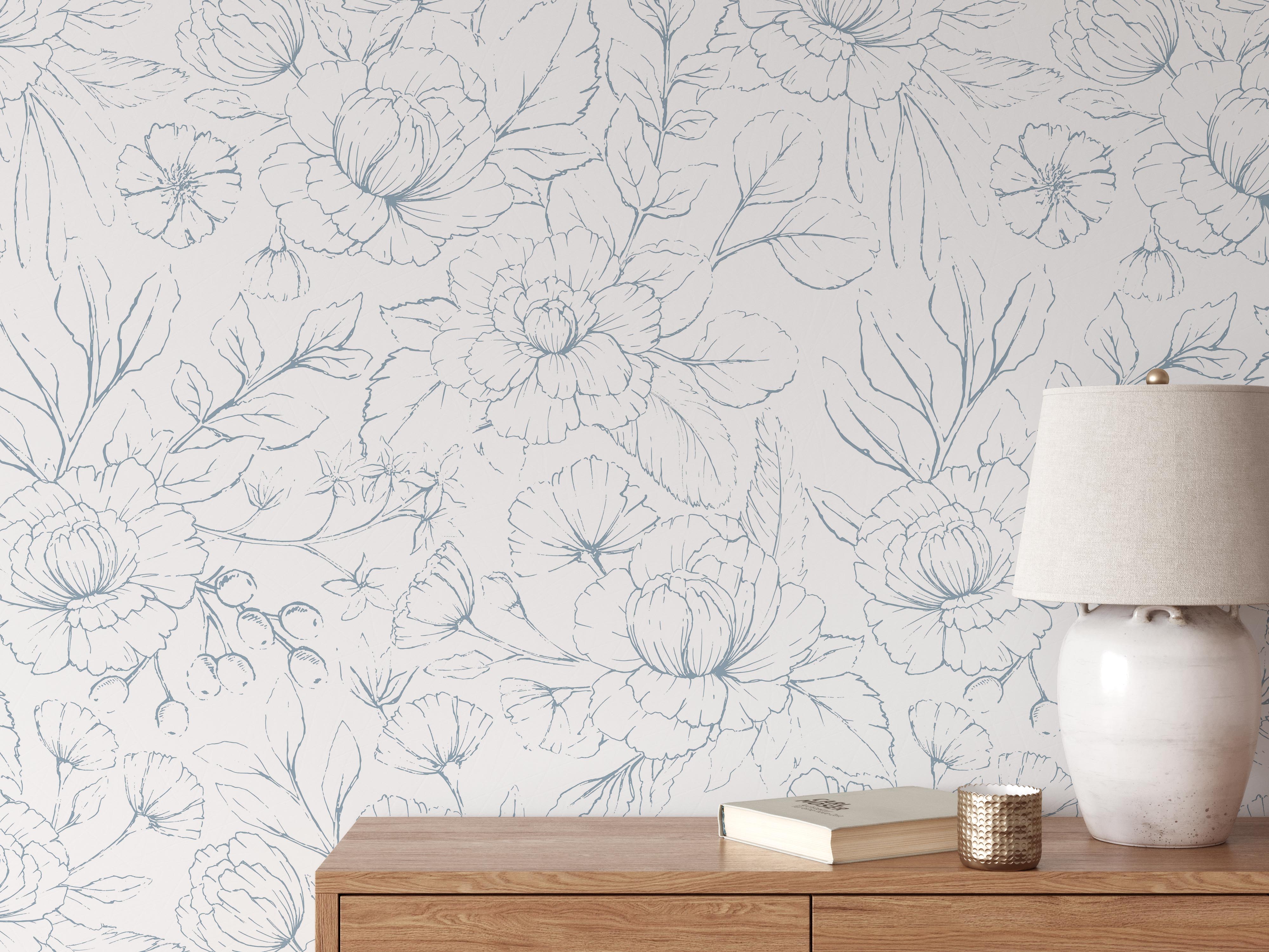 Boho Minimalist Blue Rose Wallpaper – Koko Art Shop