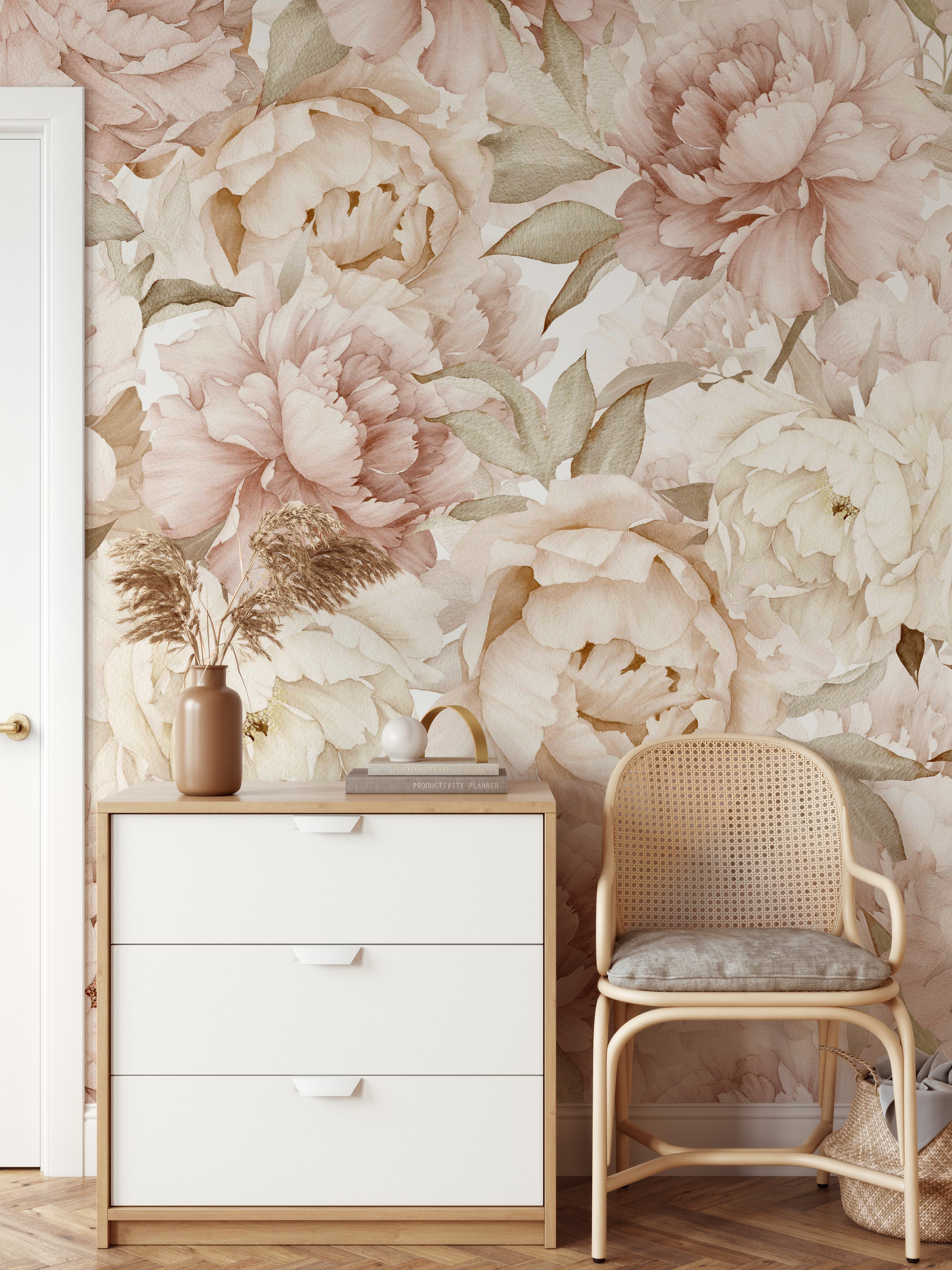 Boho Blush Watercolor Peony Bouquet Mural | Large Scale Floral Girl Nu ...