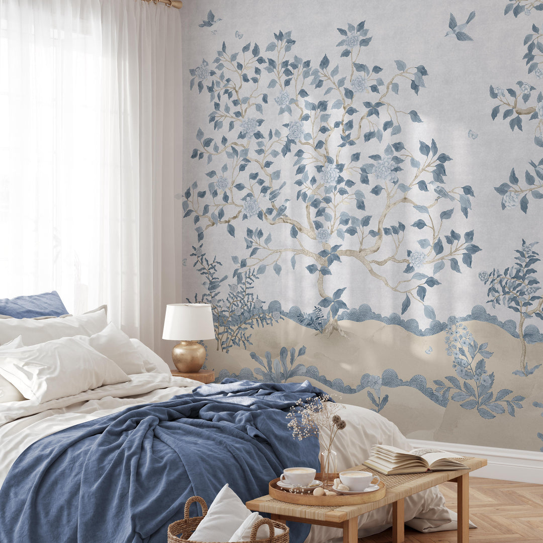 Romantic Chinoiserie Mural in Blue - Studio Exclusive