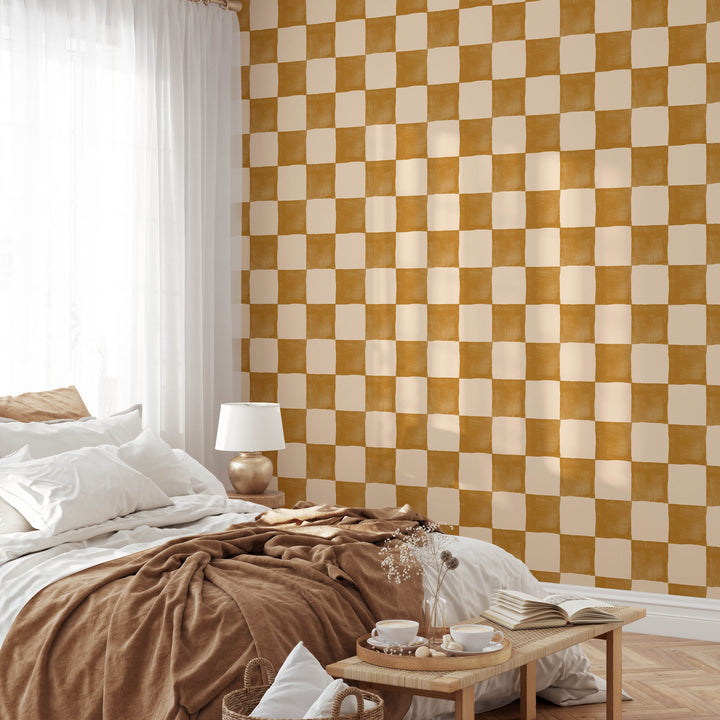 Boho Golden Checkered Wallpaper