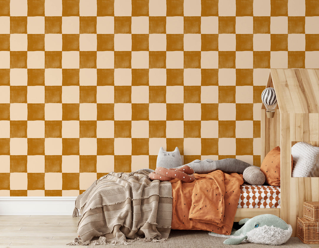 Boho Golden Checkered Wallpaper