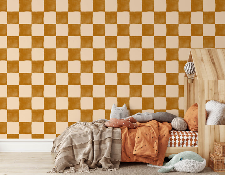 Boho Golden Checkered Wallpaper