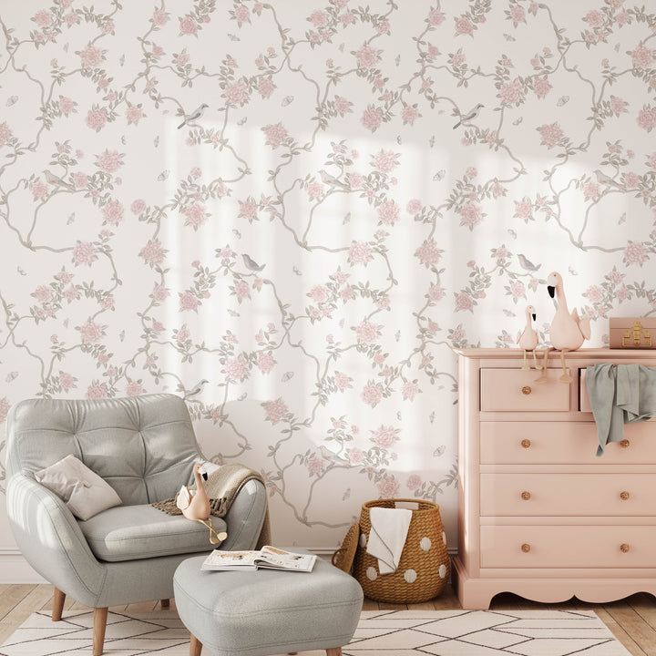 L’Atelier Botanique Chinoiserie Revival Wallpaper Mural in Light Neutral