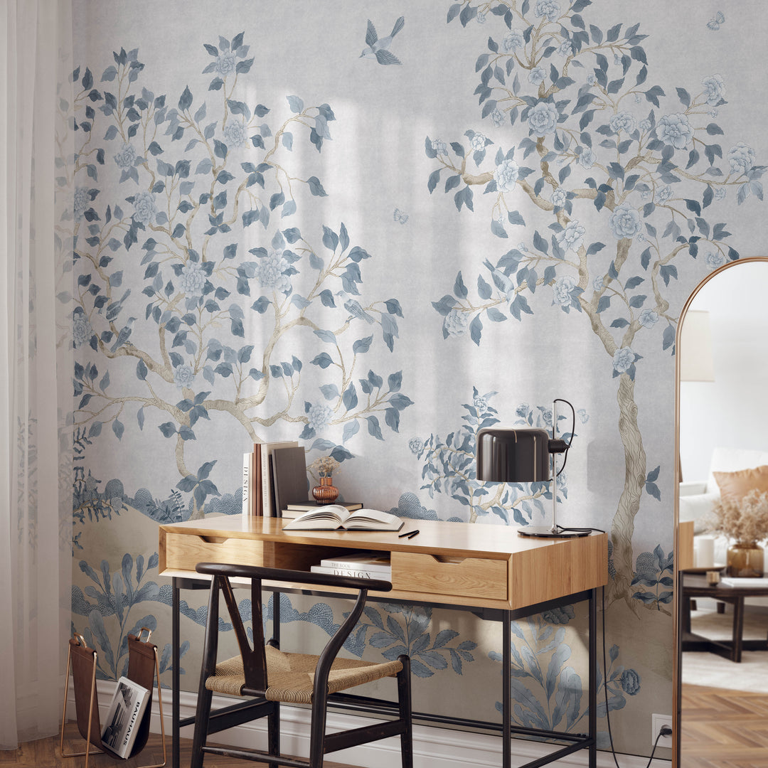 Romantic Chinoiserie Mural in Blue - Studio Exclusive
