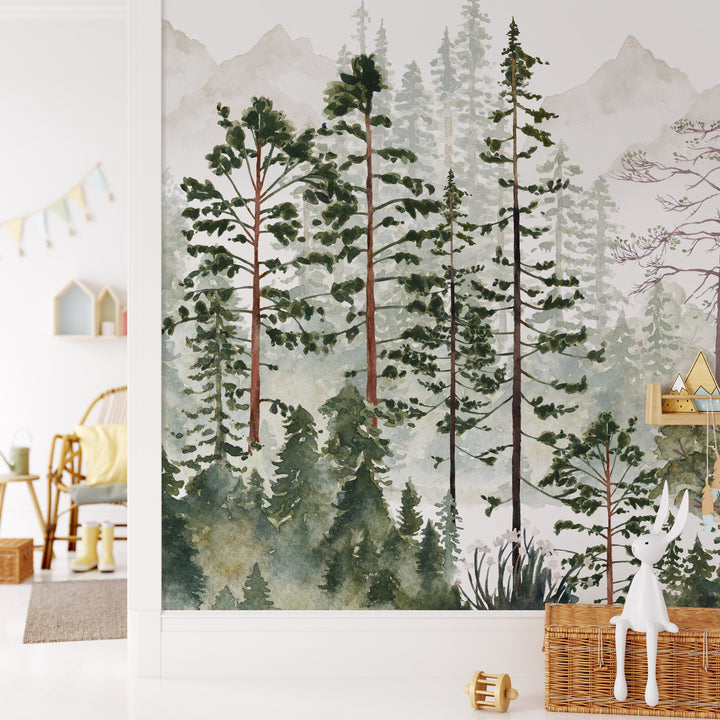 Foggy Pine Tree Forest Mural