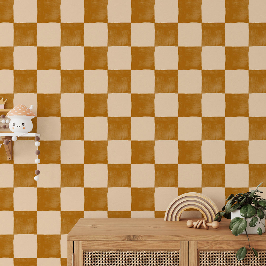 Boho Golden Checkered Wallpaper