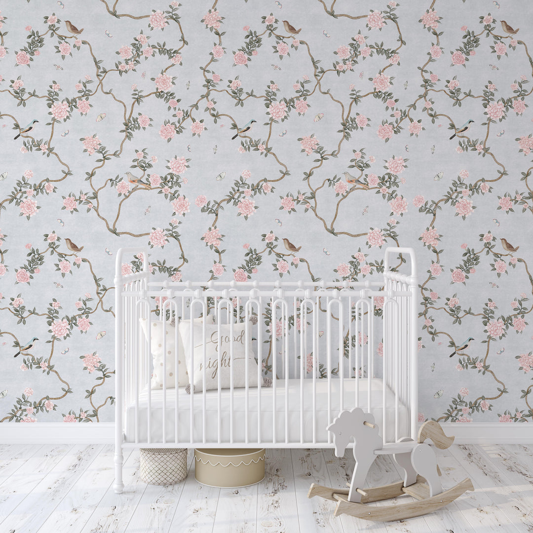 L’Atelier Botanique Chinoiserie Revival Wallpaper Mural in Silver Blue
