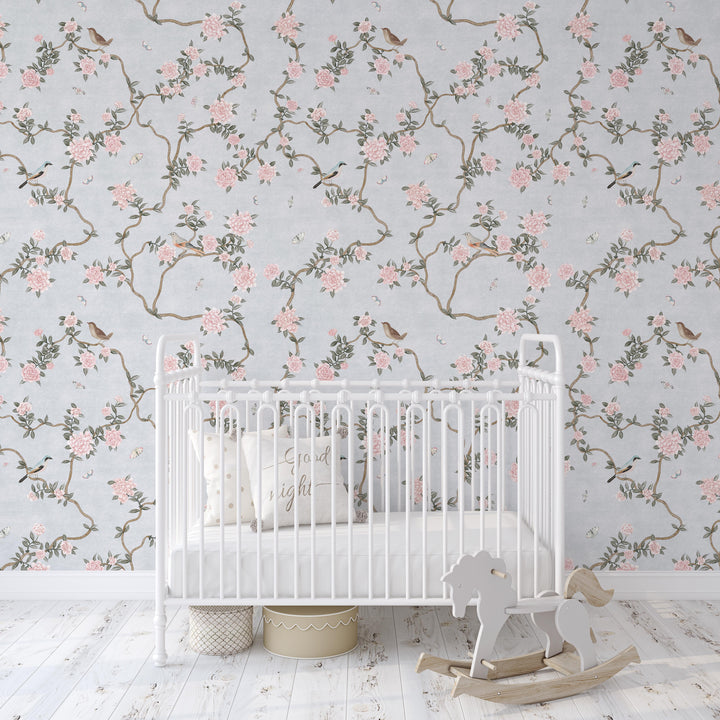 L’Atelier Botanique Chinoiserie Revival Wallpaper Mural in Silver Blue