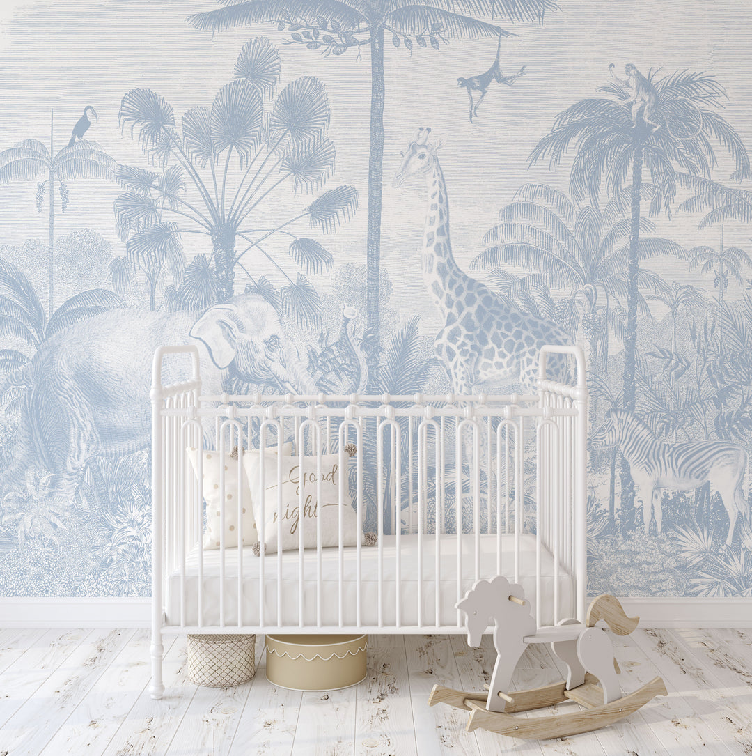 Safari Jungle Mural Wallpaper - Color Baby Blue