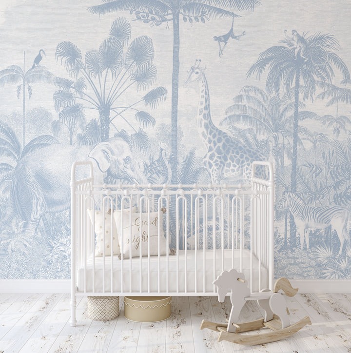 Safari Jungle Mural Wallpaper - Color Baby Blue