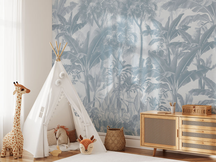 Tropical Jungle Mural in Blue