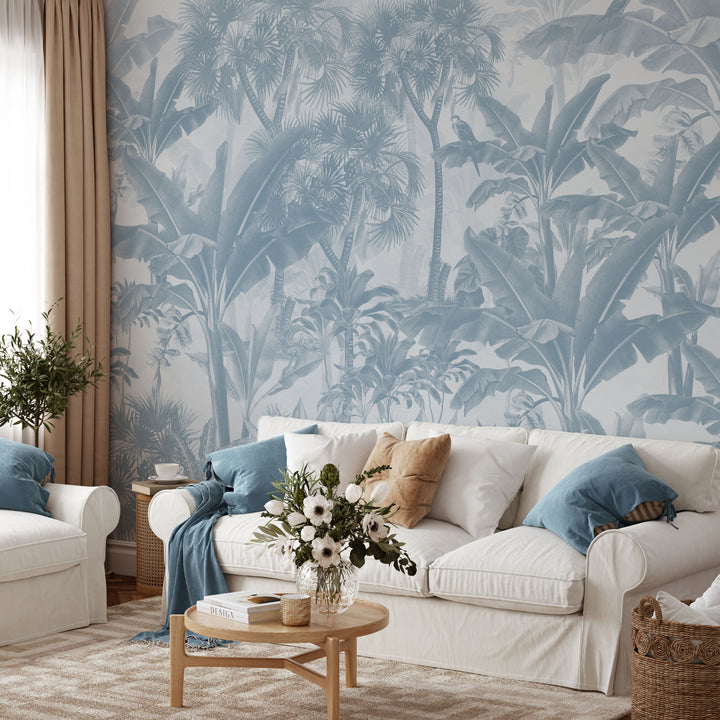 Tropical Jungle Mural in Blue
