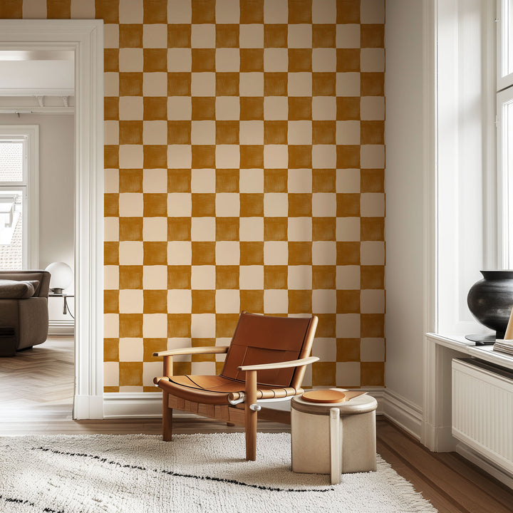 Boho Golden Checkered Wallpaper
