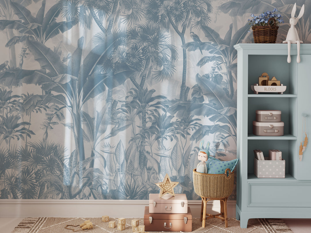 Tropical Jungle Mural in Blue