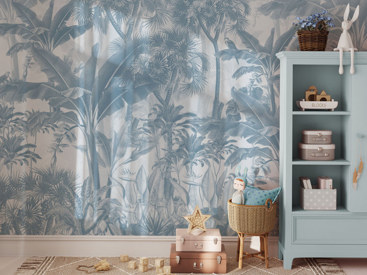 Tropical Jungle Mural in Blue