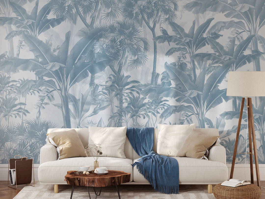 Tropical Jungle Mural in Blue