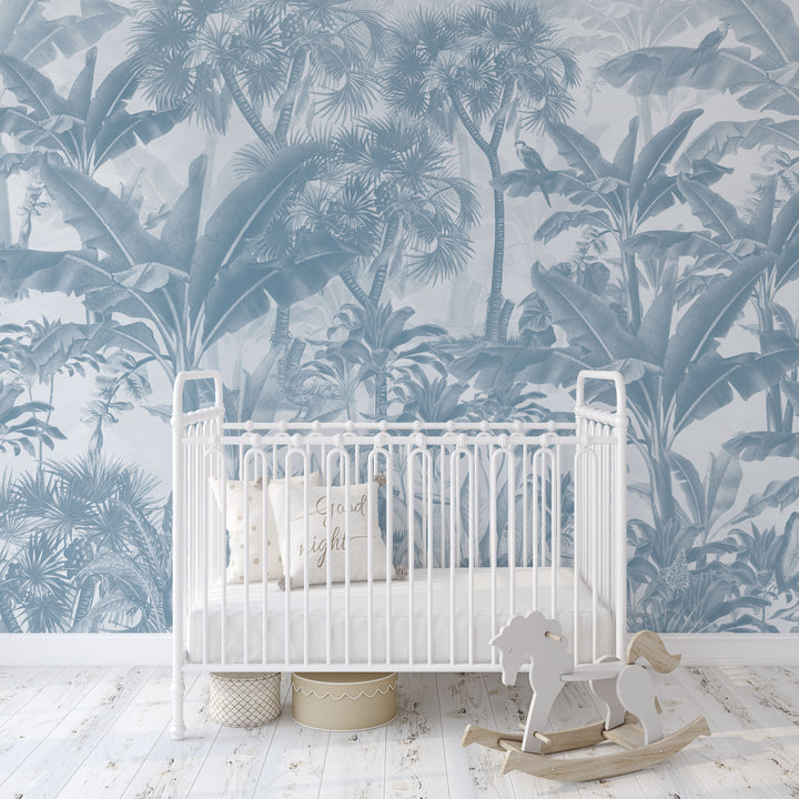 Tropical Jungle Mural in Blue