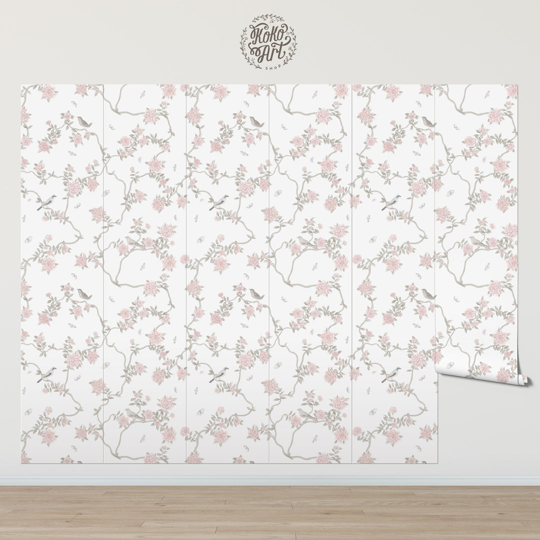 L’Atelier Botanique Chinoiserie Revival Wallpaper Mural in Light Neutral