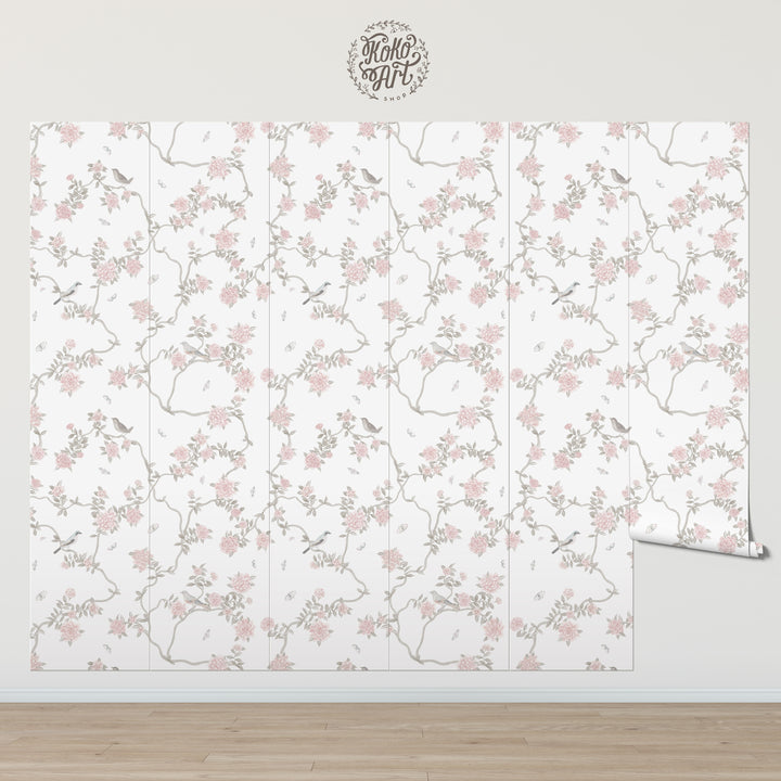 L’Atelier Botanique Chinoiserie Revival Wallpaper Mural in Light Neutral