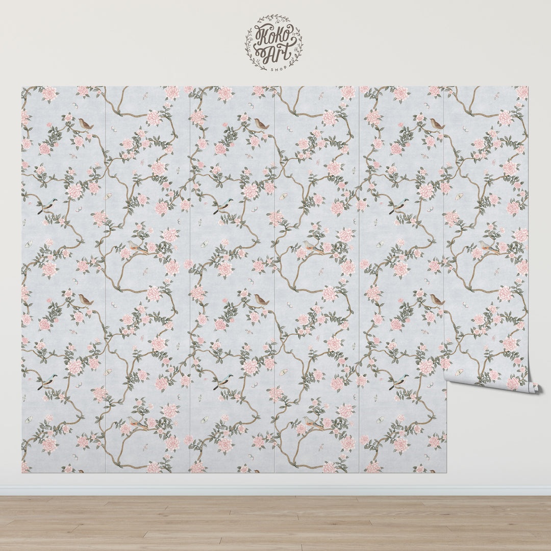 L’Atelier Botanique Chinoiserie Revival Wallpaper Mural in Silver Blue