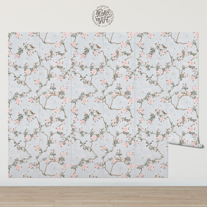 L’Atelier Botanique Chinoiserie Revival Wallpaper Mural in Silver Blue