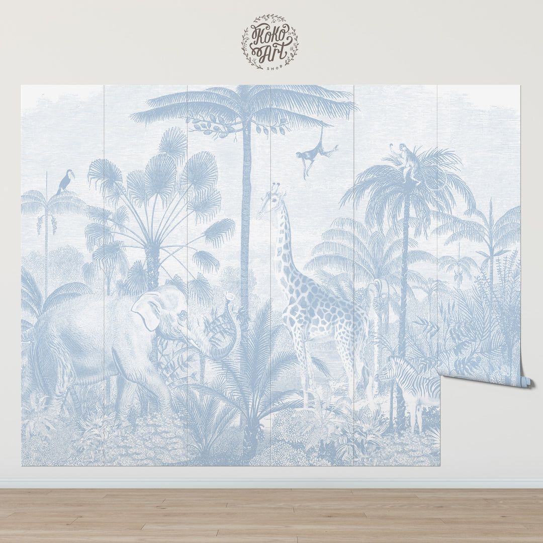 Safari Jungle Mural Wallpaper - Color Baby Blue