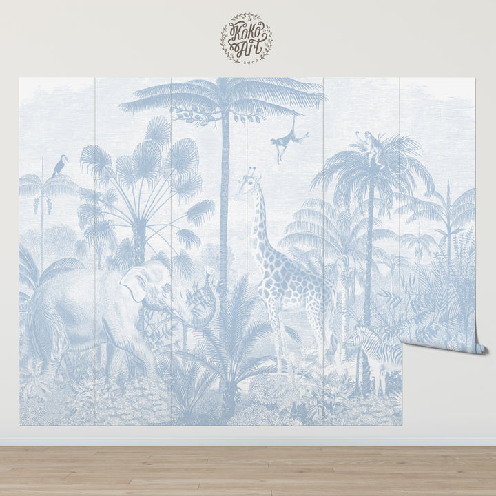 Safari Jungle Mural Wallpaper - Color Baby Blue
