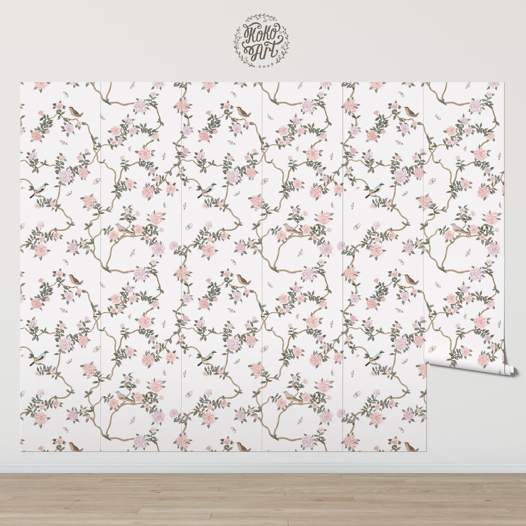 L’Atelier Botanique Chinoiserie Revival Wallpaper Mural in White