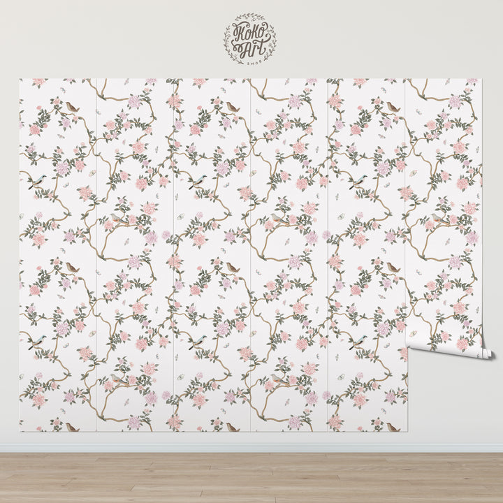 L’Atelier Botanique Chinoiserie Revival Wallpaper Mural in White