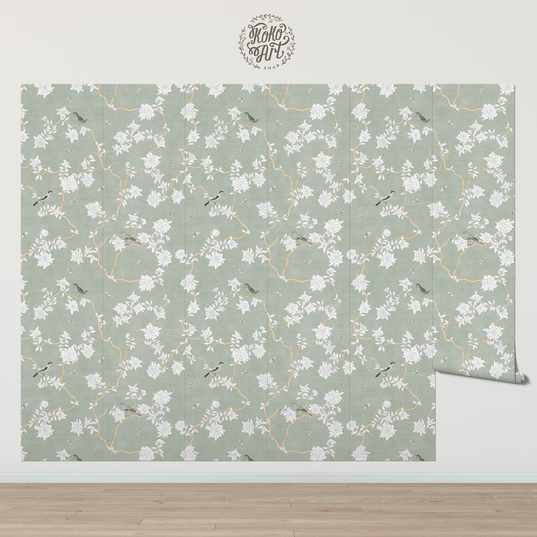 L’Atelier Botanique Chinoiserie Revival Wallpaper Mural in Sage Meadow