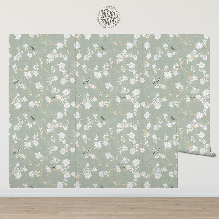 L’Atelier Botanique Chinoiserie Revival Wallpaper Mural in Sage Meadow