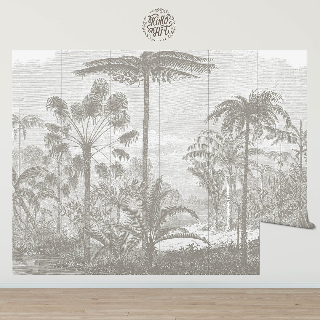 Antique Tropical Wallpaper Mural - Color Taupe