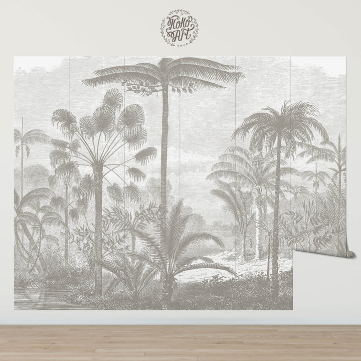 Antique Tropical Wallpaper Mural - Color Taupe