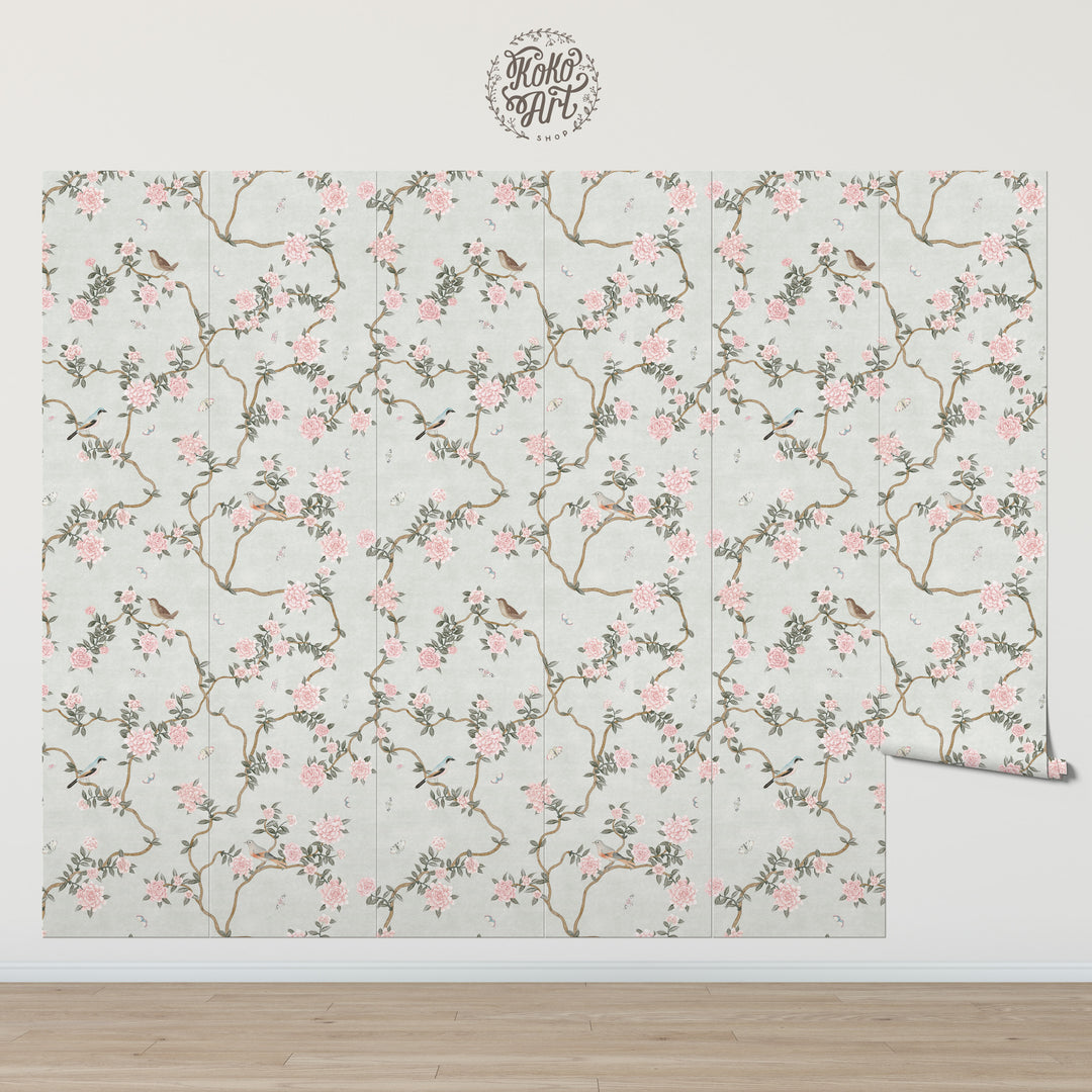 L’Atelier Botanique Chinoiserie Revival Wallpaper Mural in Mint