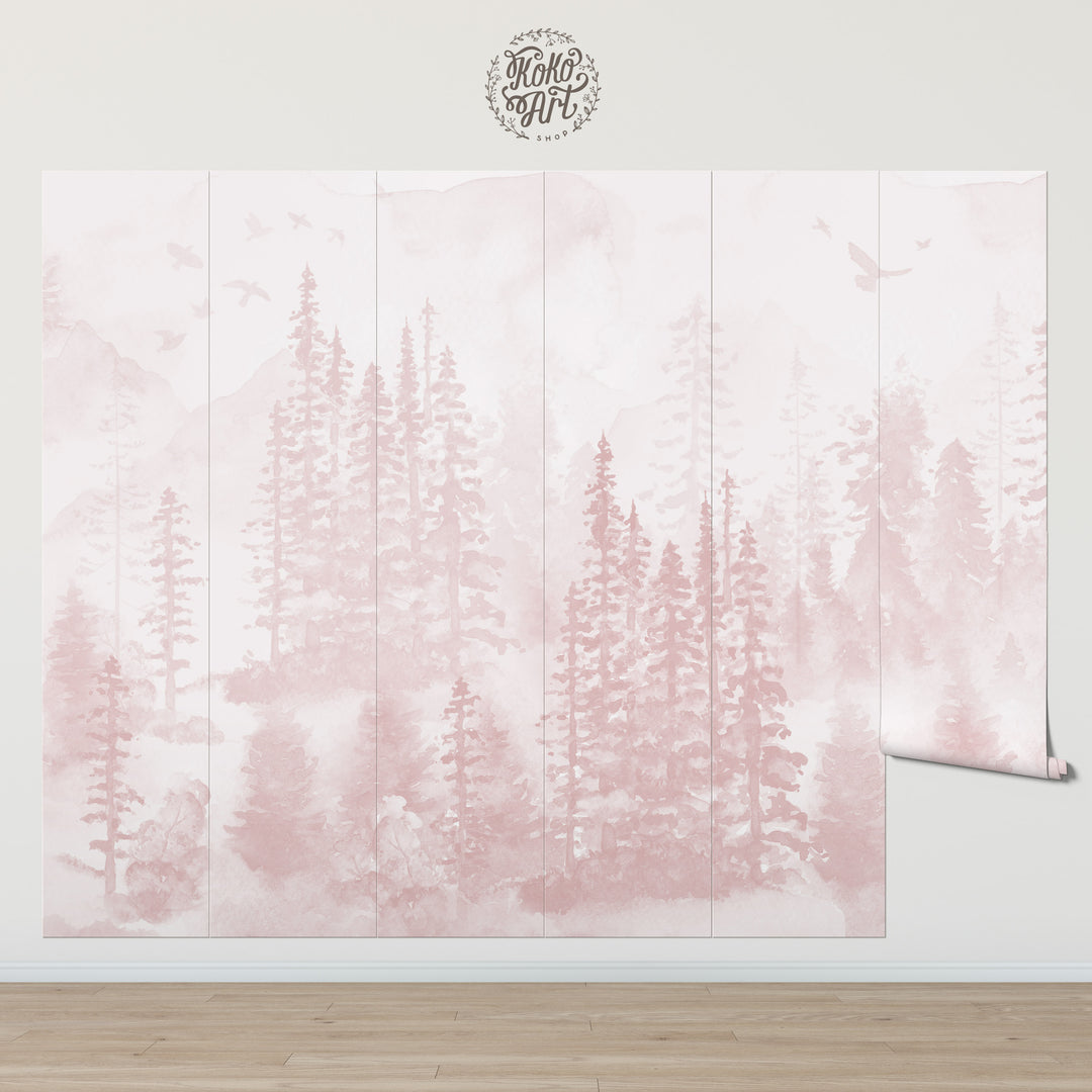 Girly Winter Forest in Pink Mural