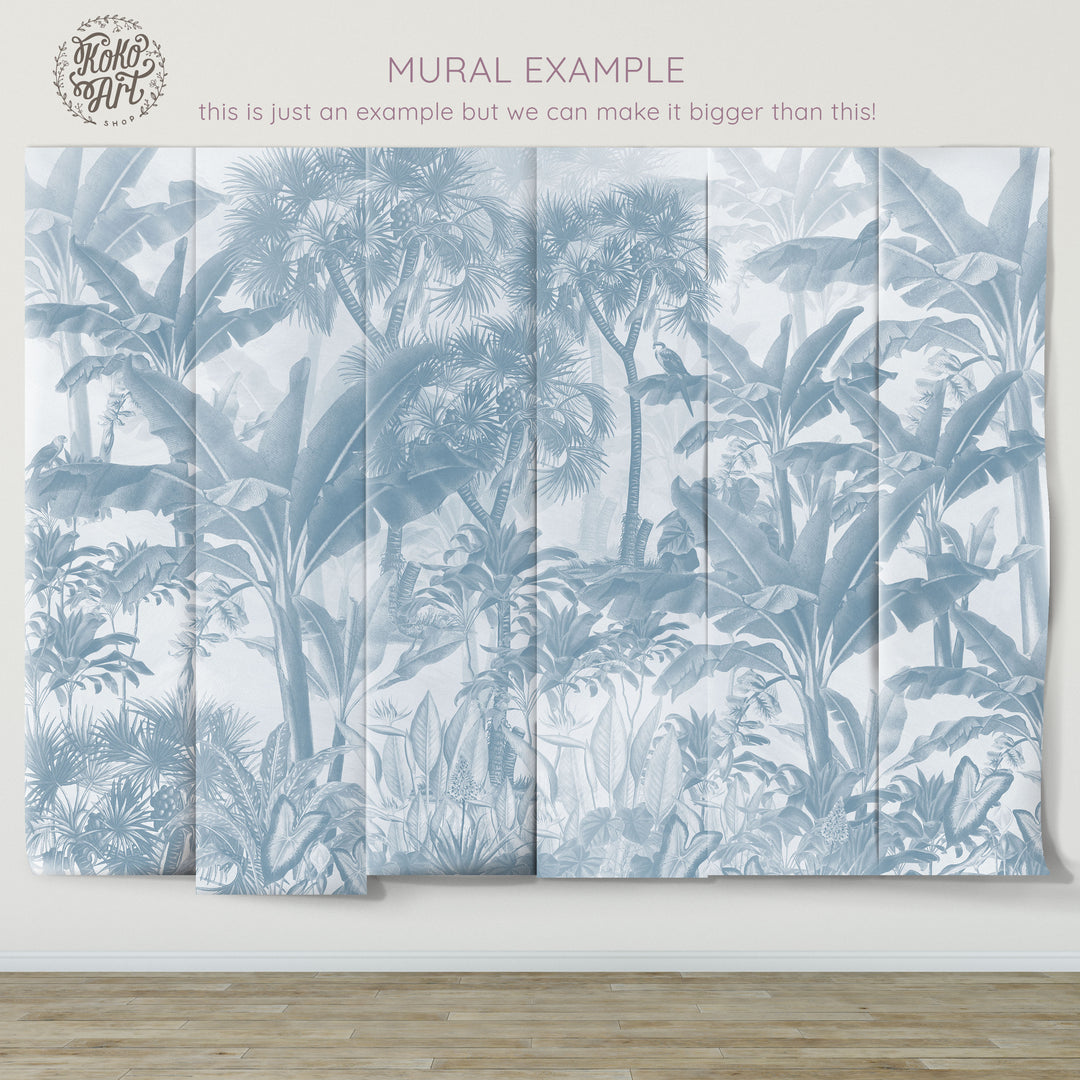 Tropical Jungle Mural in Blue