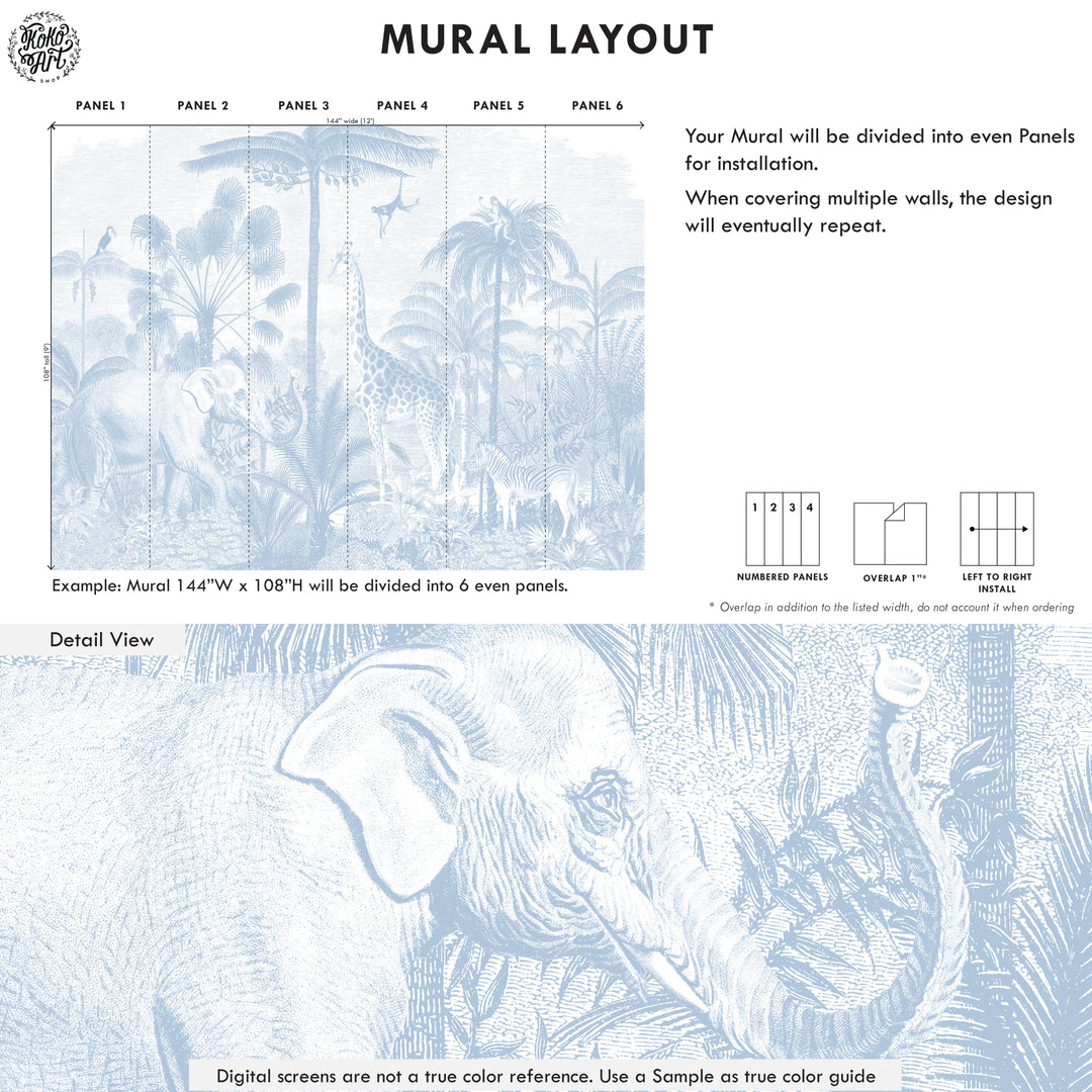 Safari Jungle Mural Wallpaper - Color Baby Blue