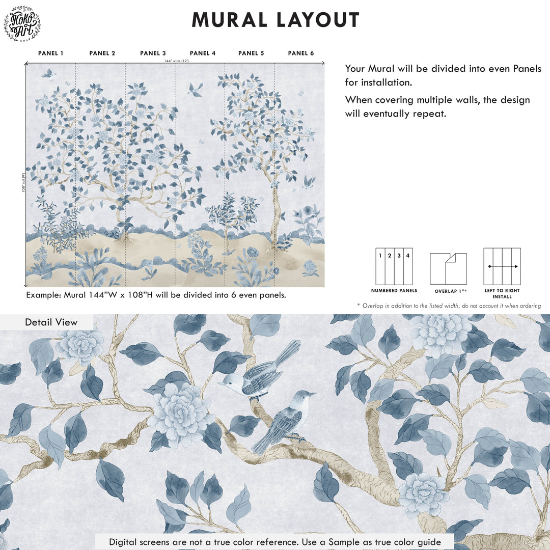 Romantic Chinoiserie Mural in Blue - Studio Exclusive