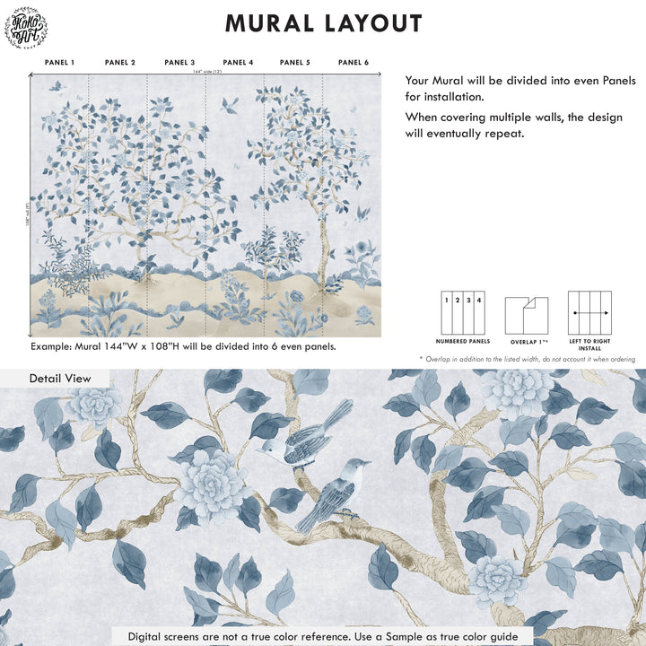 Romantic Chinoiserie Mural in Blue - Studio Exclusive