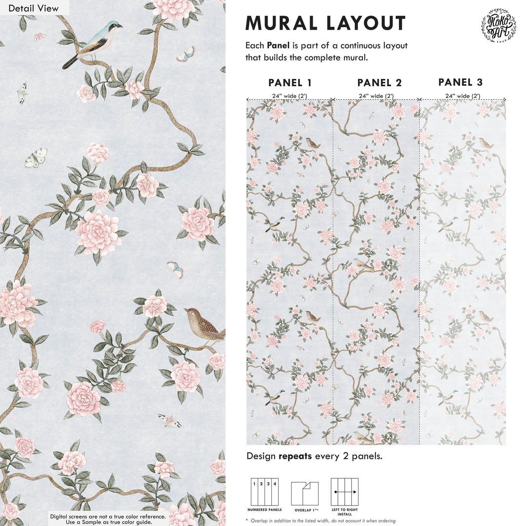 L’Atelier Botanique Chinoiserie Revival Wallpaper Mural in Silver Blue