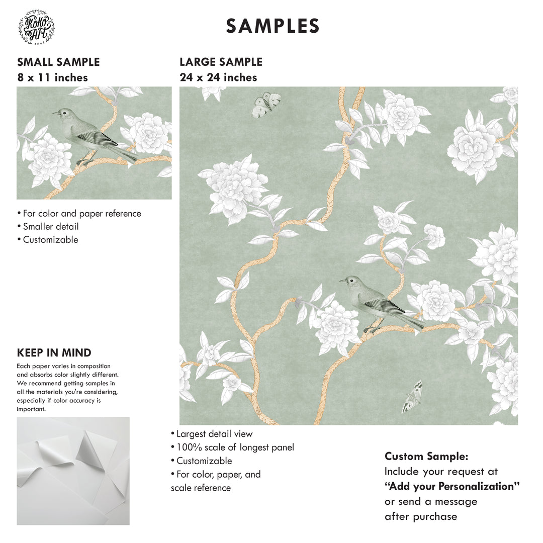 L’Atelier Botanique Chinoiserie Revival Wallpaper Mural in Sage Meadow