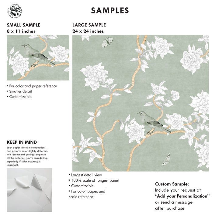 L’Atelier Botanique Chinoiserie Revival Wallpaper Mural in Sage Meadow